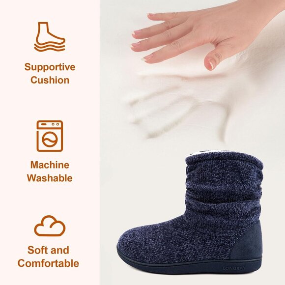 Women's Winter Warm Non Slip Knit Memory Foam Navy Blue Slipper Bootie Shoes - Picture 4 of 6